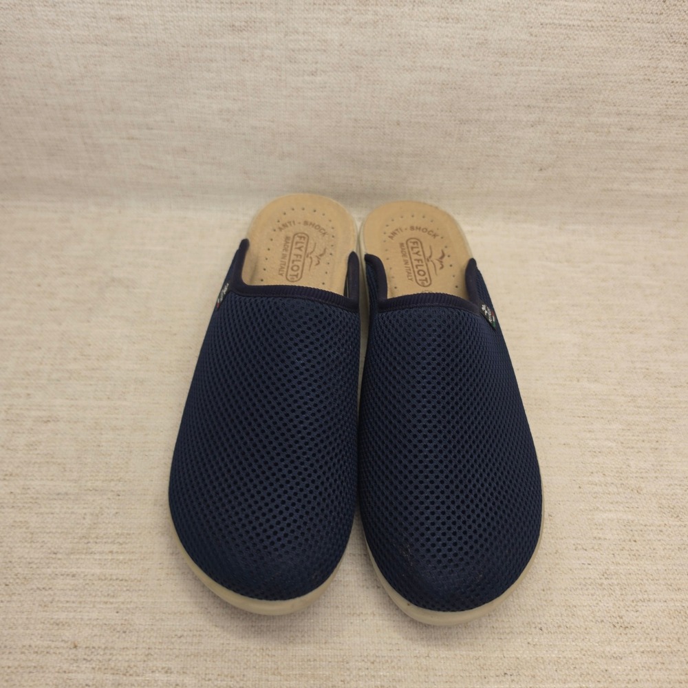 Fly Flot Navy Blue Mesh Clogs Made in Italy Leather Insole Mules Women 39